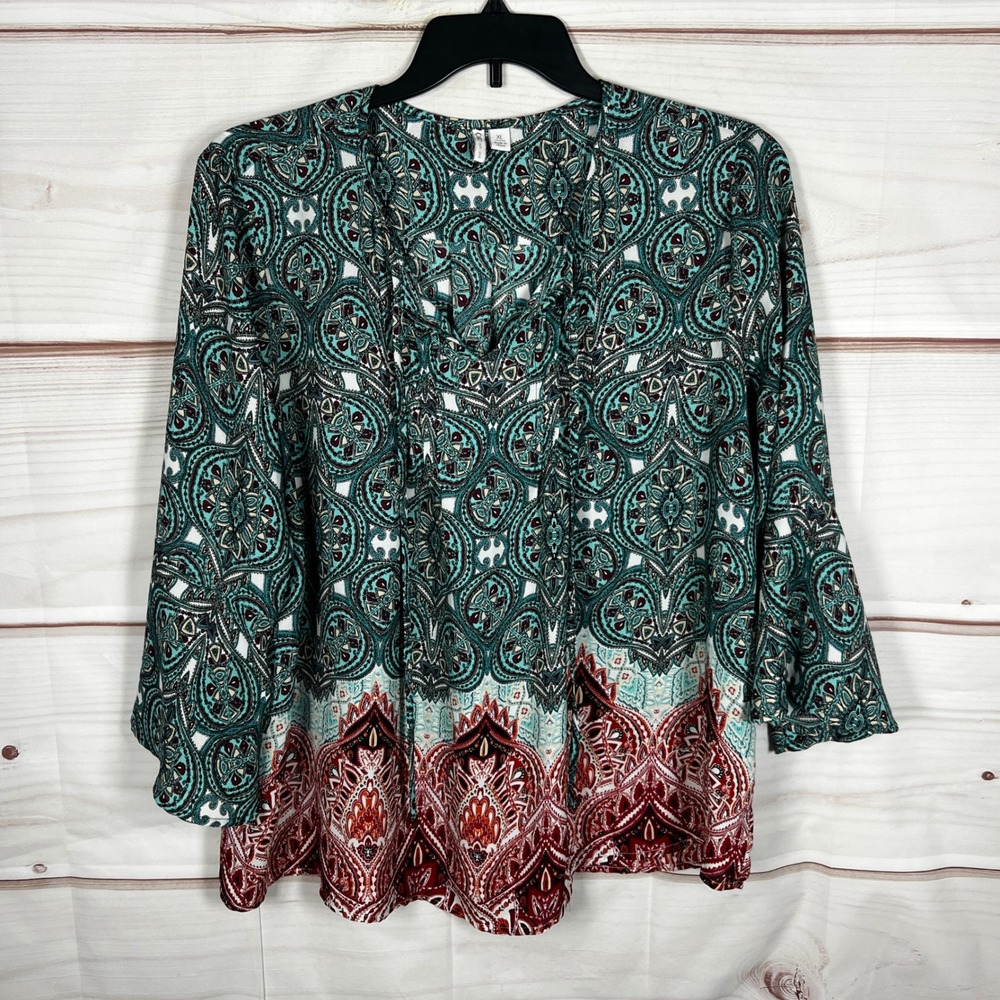 Cato Paisley Blouse Women XL Green Red Medallion Print V-Neck Tie Front Top Boho